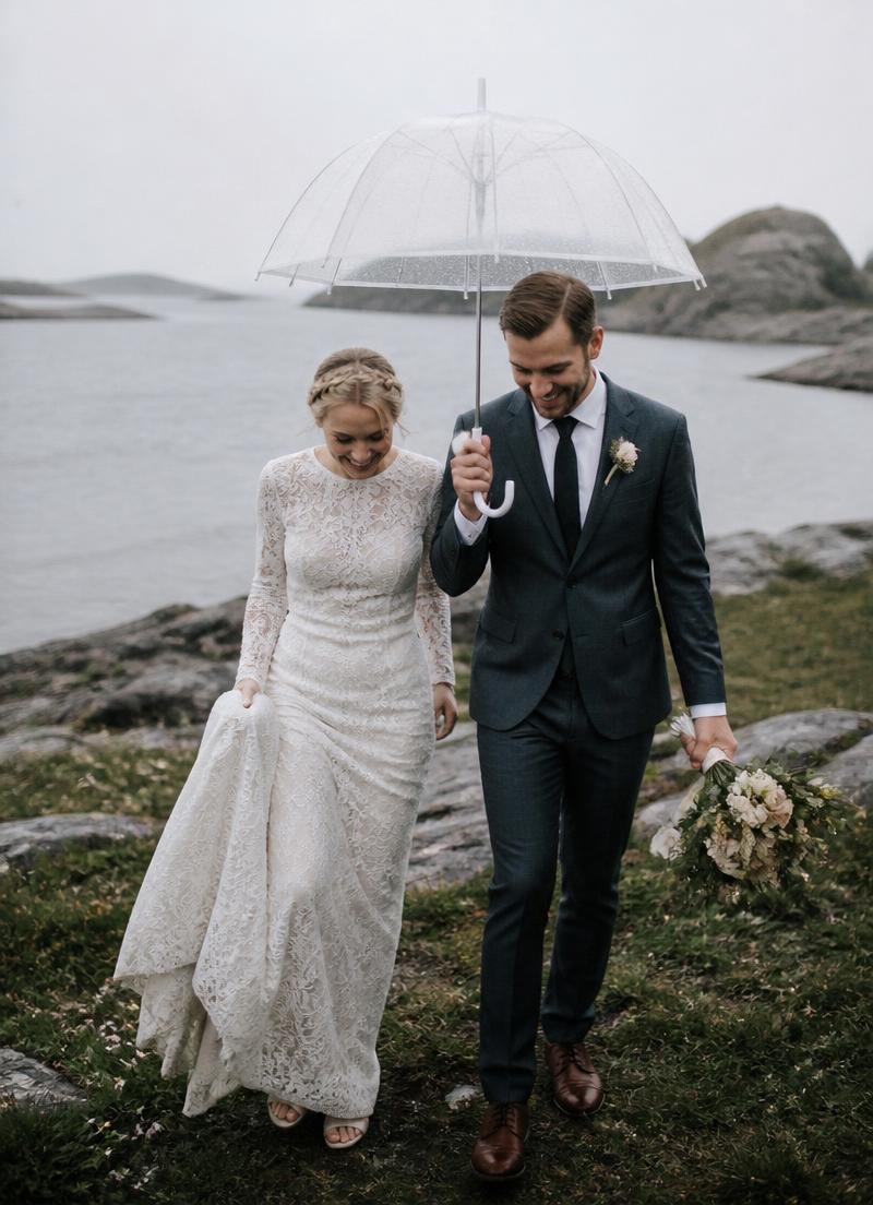 Brudepar går sammen under paraply i nordisk kystlandskap